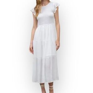 Blu Pepper White Tiered Skirt Smocked Bodice Flutter Sleeve Midi Dress Size S